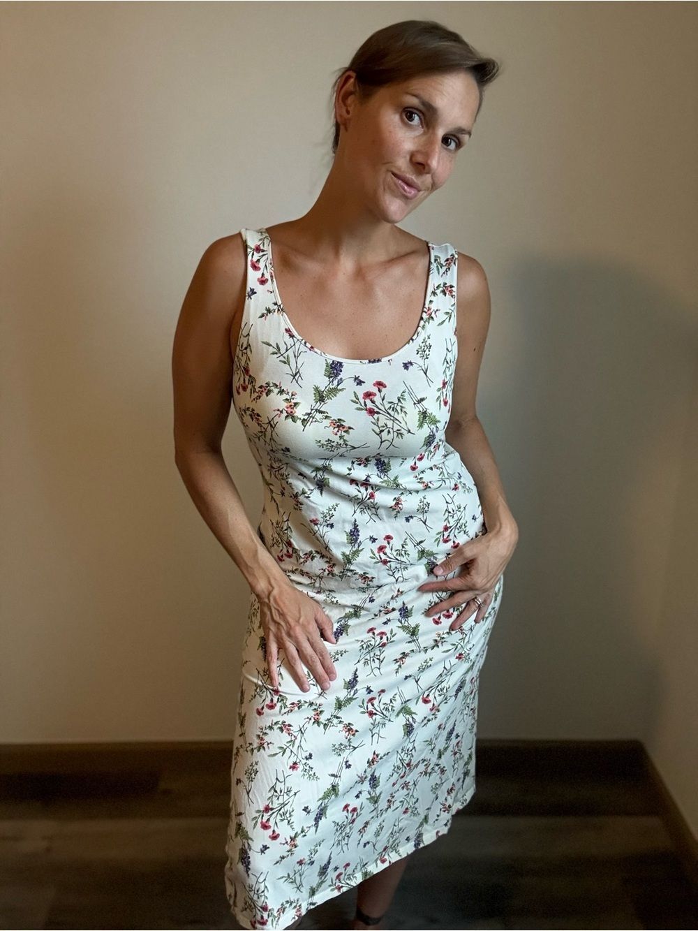 UNIQLO Floral Midi Dress Cream Medium Feminine Built In Bra